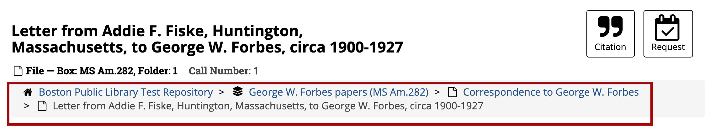 Screenshot of collection breadcrumbs on an example item record page for the George W. Forbes papers